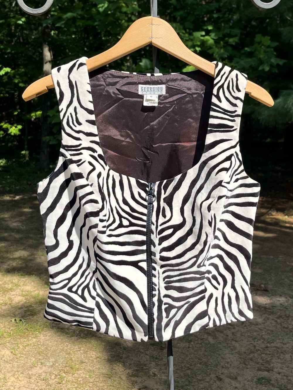 90s Georgiou Studio Cotton Zebra Print Fuzzy Zip-Up Vest Top Size 10 Boho Party
